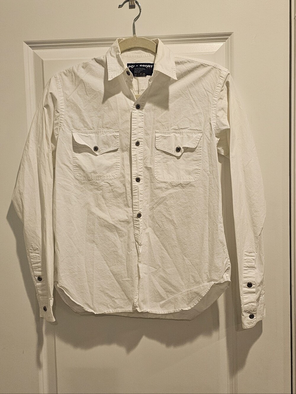 Vintage Polo Sport Ralph Lauren White Collared 100% Cotton Metal Silver Button